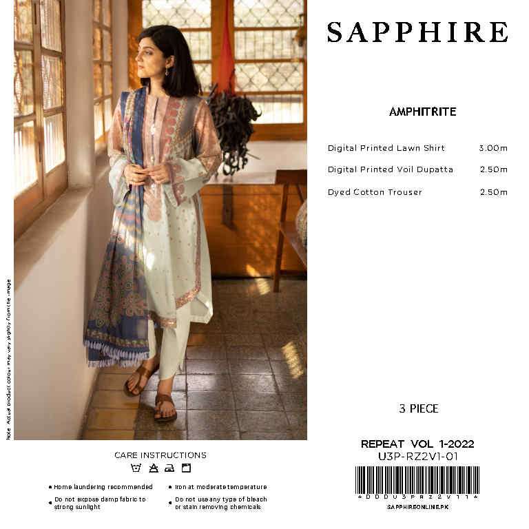 Name: Amphitrite Brand: Sapphire Collection: Repeat Lawn 2022 Volume 1-A Item: 3 Piece Unstitched  Shirt: Digital Printed Lawn